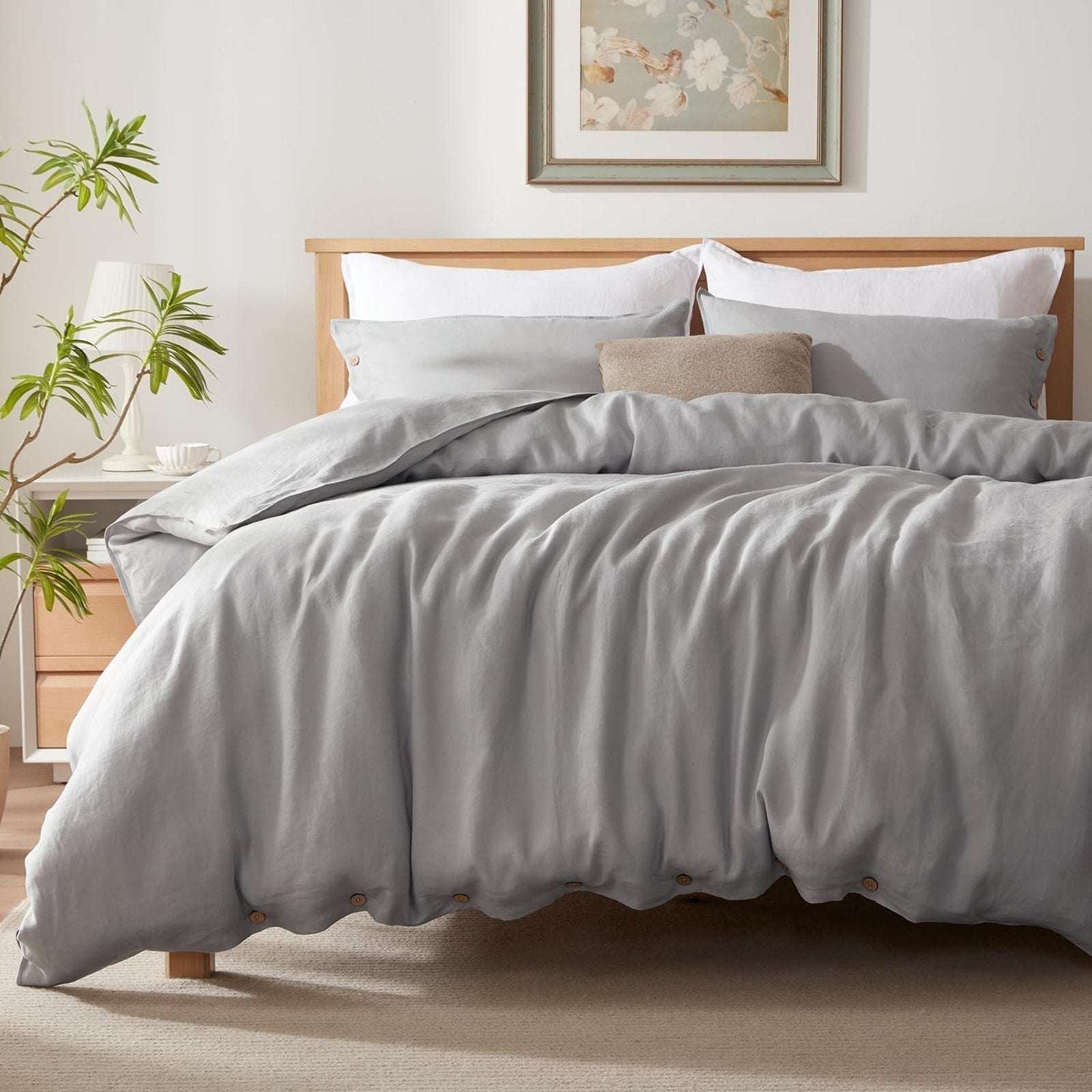 UMCHORD 100% French Linen Duvet Cover Set Soft Breathable 3PC Full Size Gray