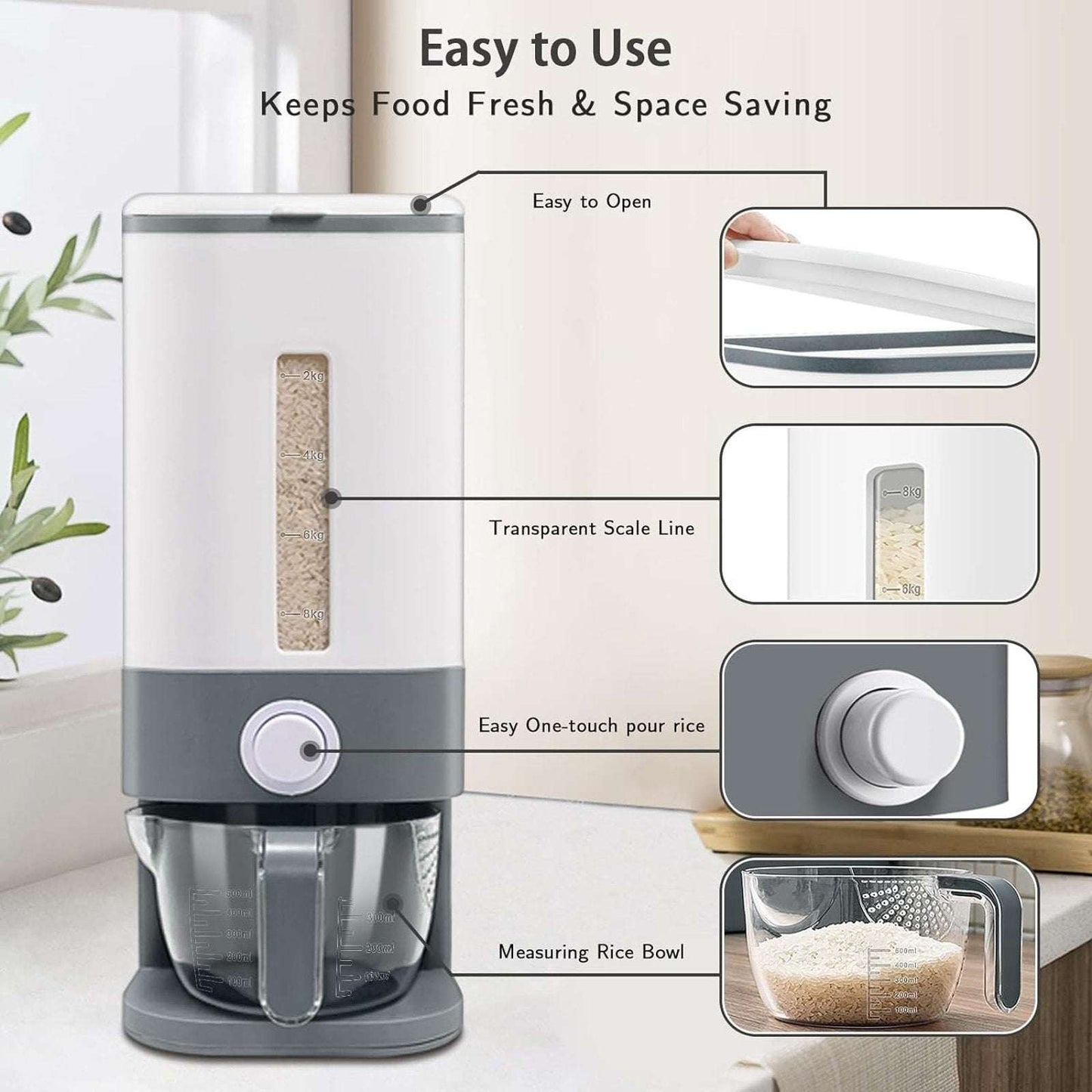 25lbs Rice Dispenser w/ Measuring Cup & Built-in Fresh Box Moisture/Insect Free