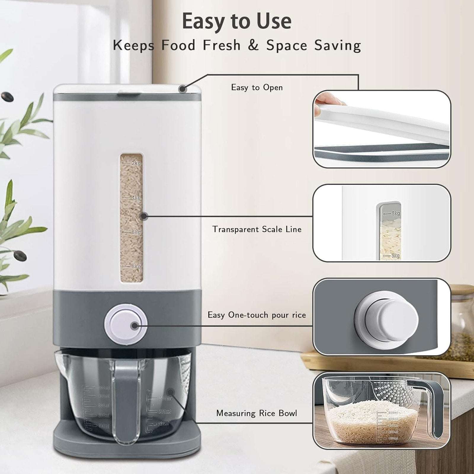 25lbs Rice Dispenser w/ Measuring Cup & Built-in Fresh Box Moisture/Insect Free