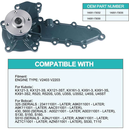 Water Pump & Gasket for Kubota V2203 V2403 Bobcat 5600 325 430 Excavator