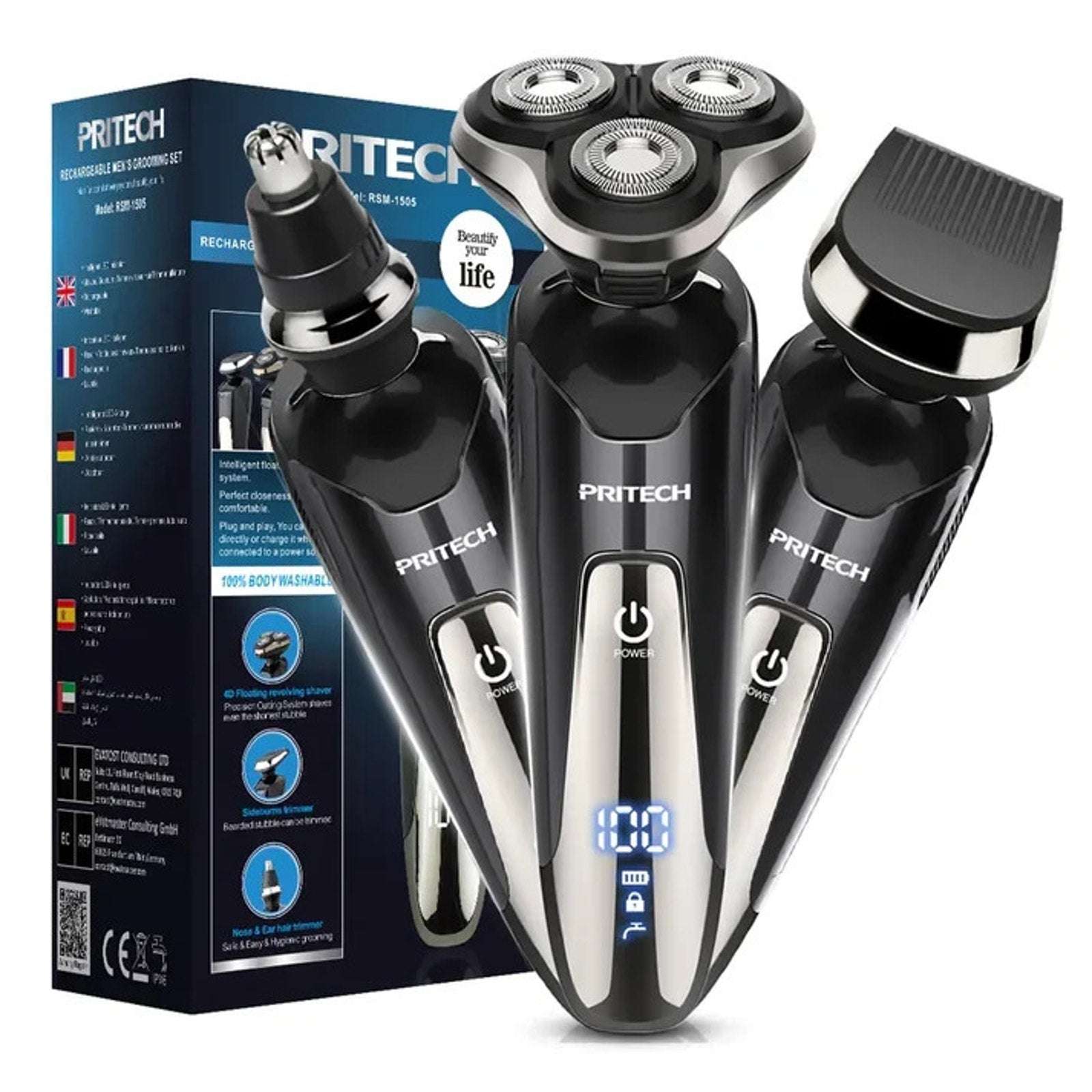 3-in-1 Wet/Dry Electric Shaver Waterproof Rechargeable Nose & Hair Trimmer