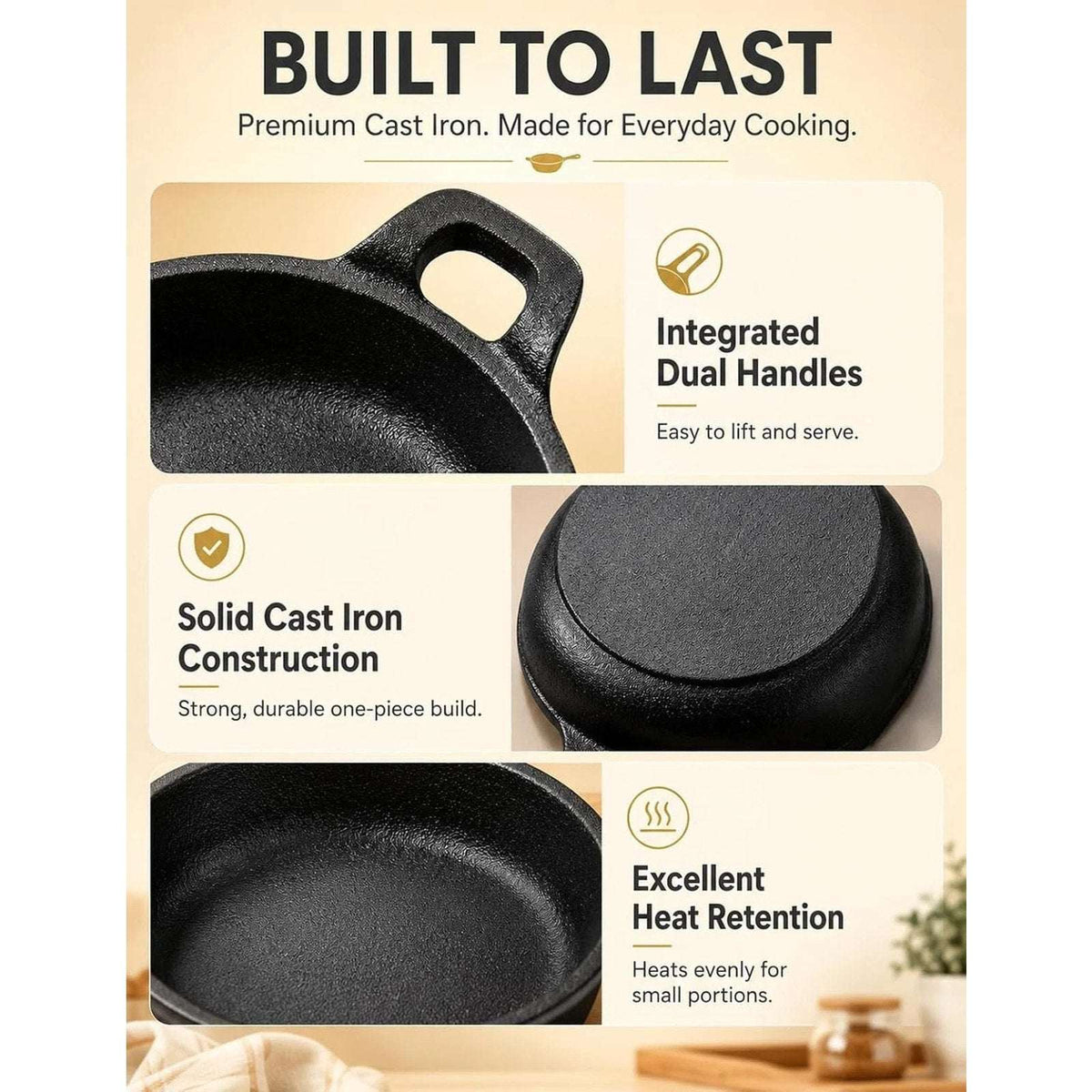 Set of 6 Mini Cast Iron Skillets Pans with Double Handles, 6.3 x 6.3 x 1.5 Inch