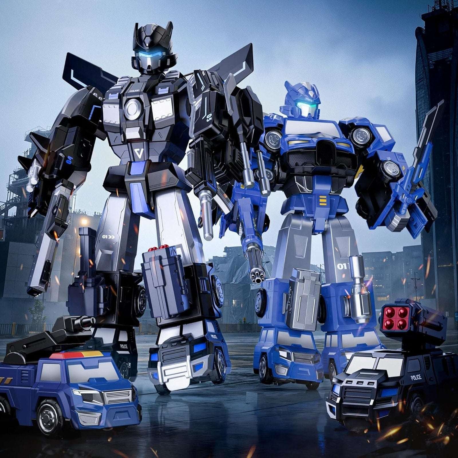5-in-1 Magnetic Transforming Police Trucks Cars Robot Toys Easy DIY STEM