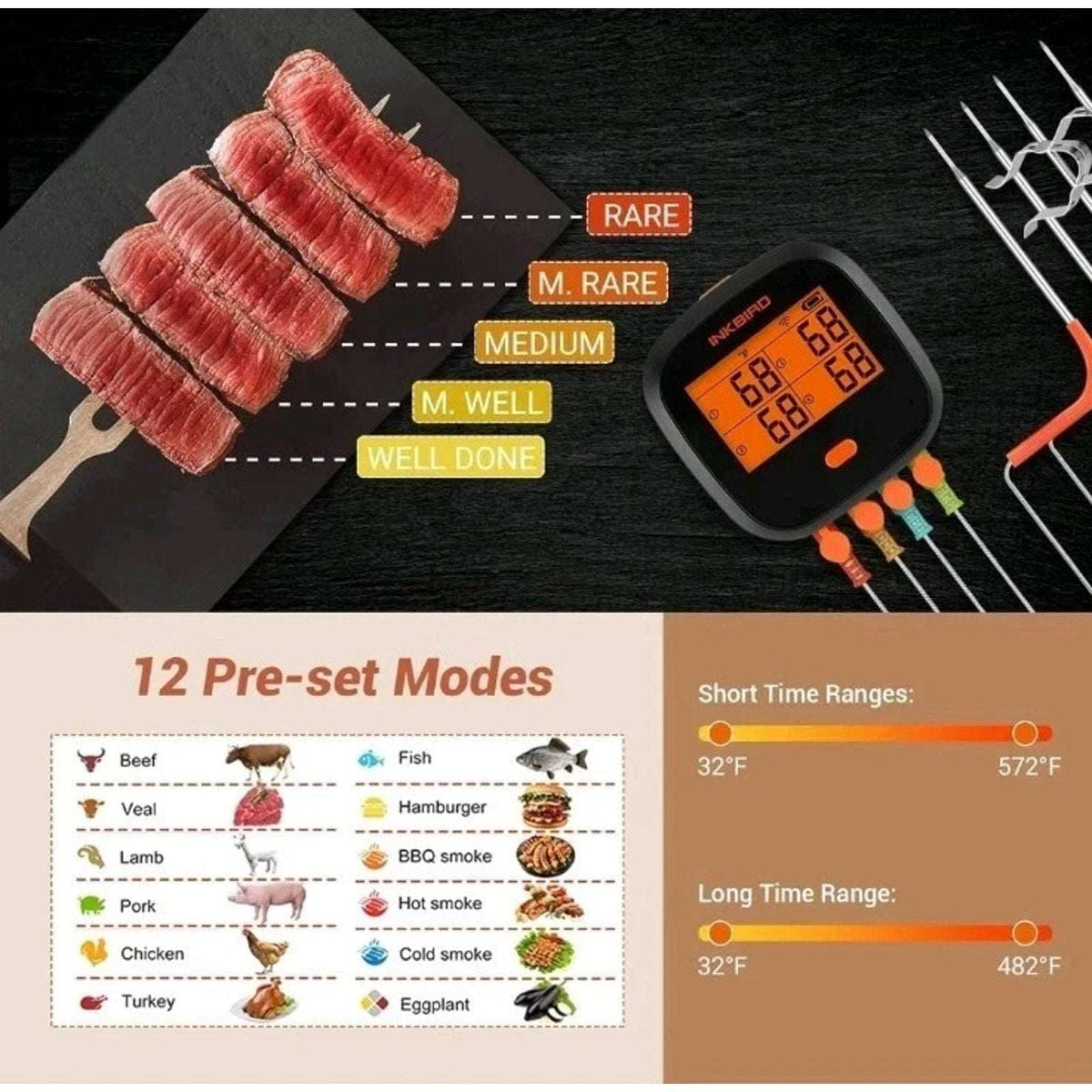 Inkbird Remote Wifi Food Thermometer IBBQ-4T BBQ Meat Cooking Kitchen Grill Tool