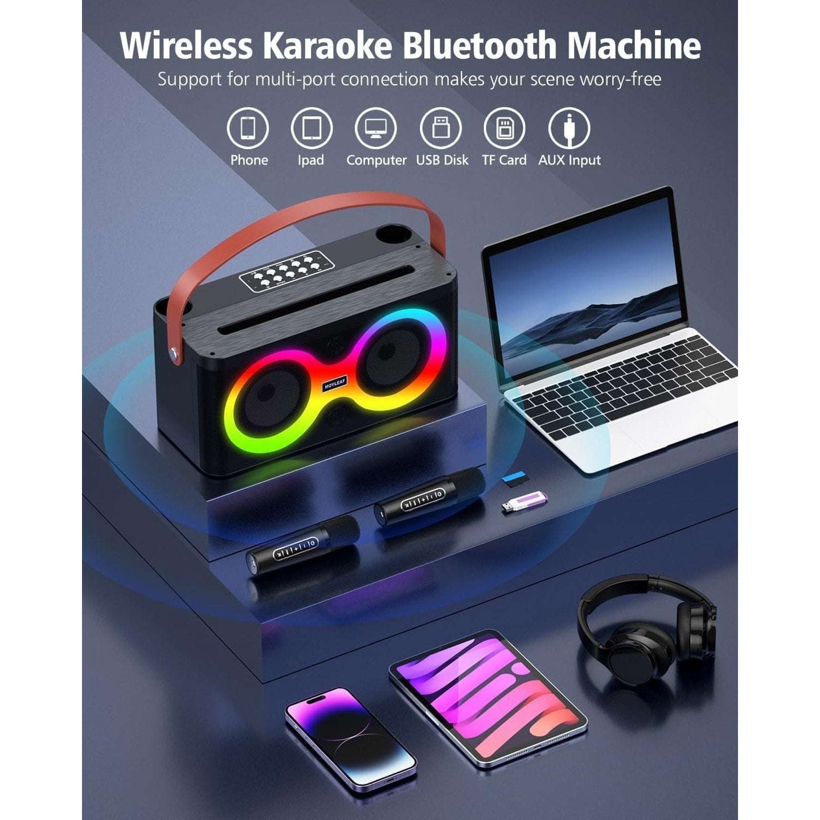 Karaoke Machine, Portable Bluetooth Speaker, PA System w/ 2 Wireless Microphones