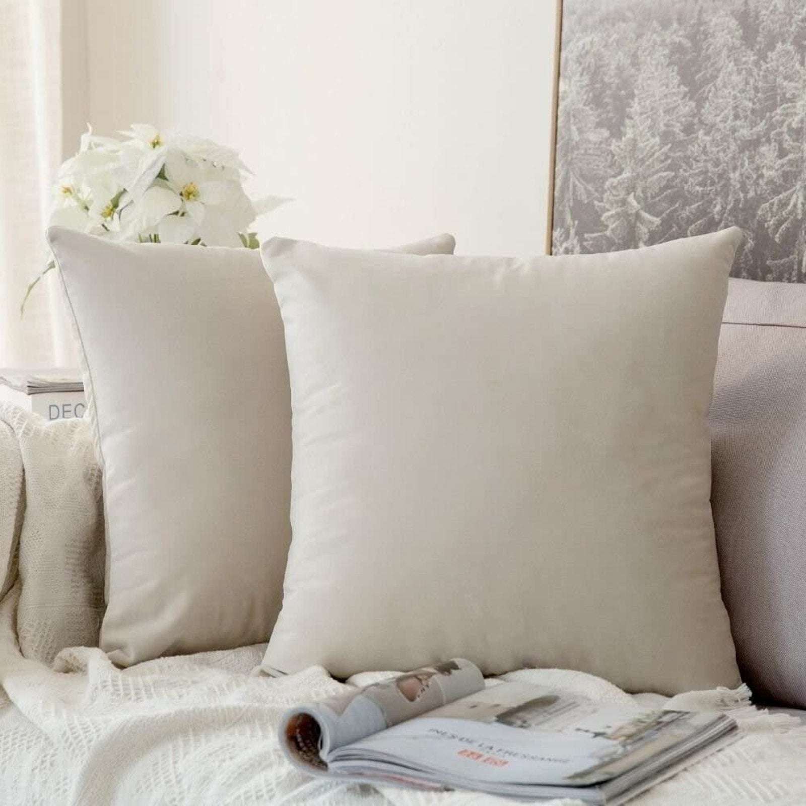 (2) MIULEE Velvet Soft Decorative Square Throw Pillow Covers Cream White 22x22