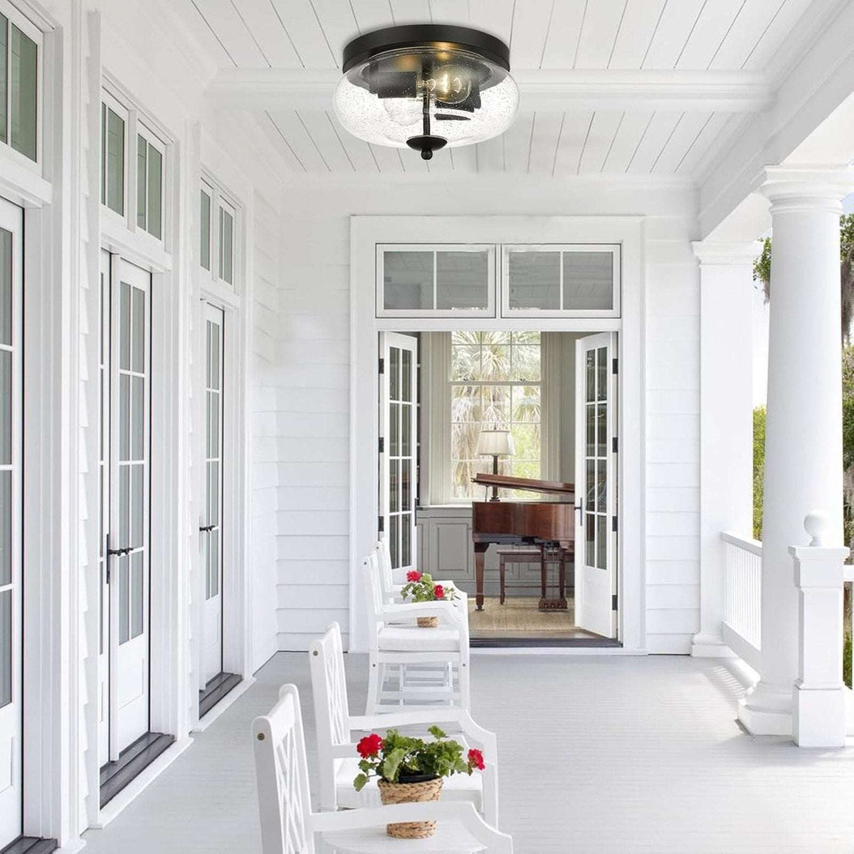 DARKAWAY Ceiling Light Fixture 2-Light Flush Mount Indoor/Outdoor Seeded Glass