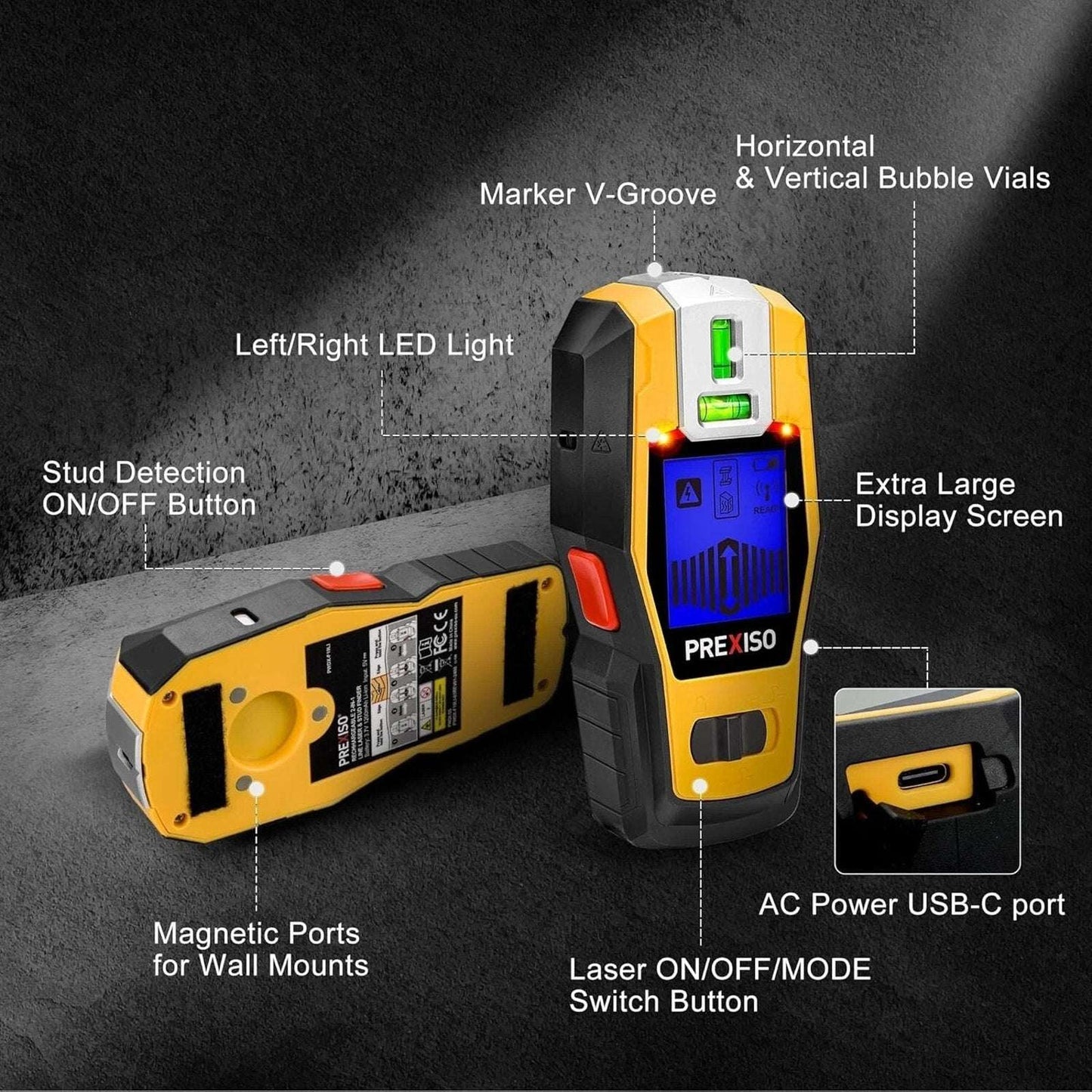 PREXISO 2-in-1 Stud Finder w/ Cross Line Laser Level, Rechargeable Multi Surface