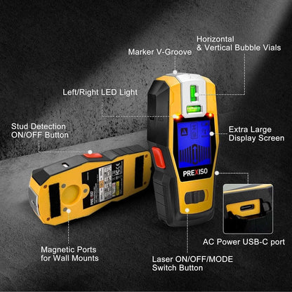 PREXISO 2-in-1 Stud Finder w/ Cross Line Laser Level, Rechargeable Multi Surface