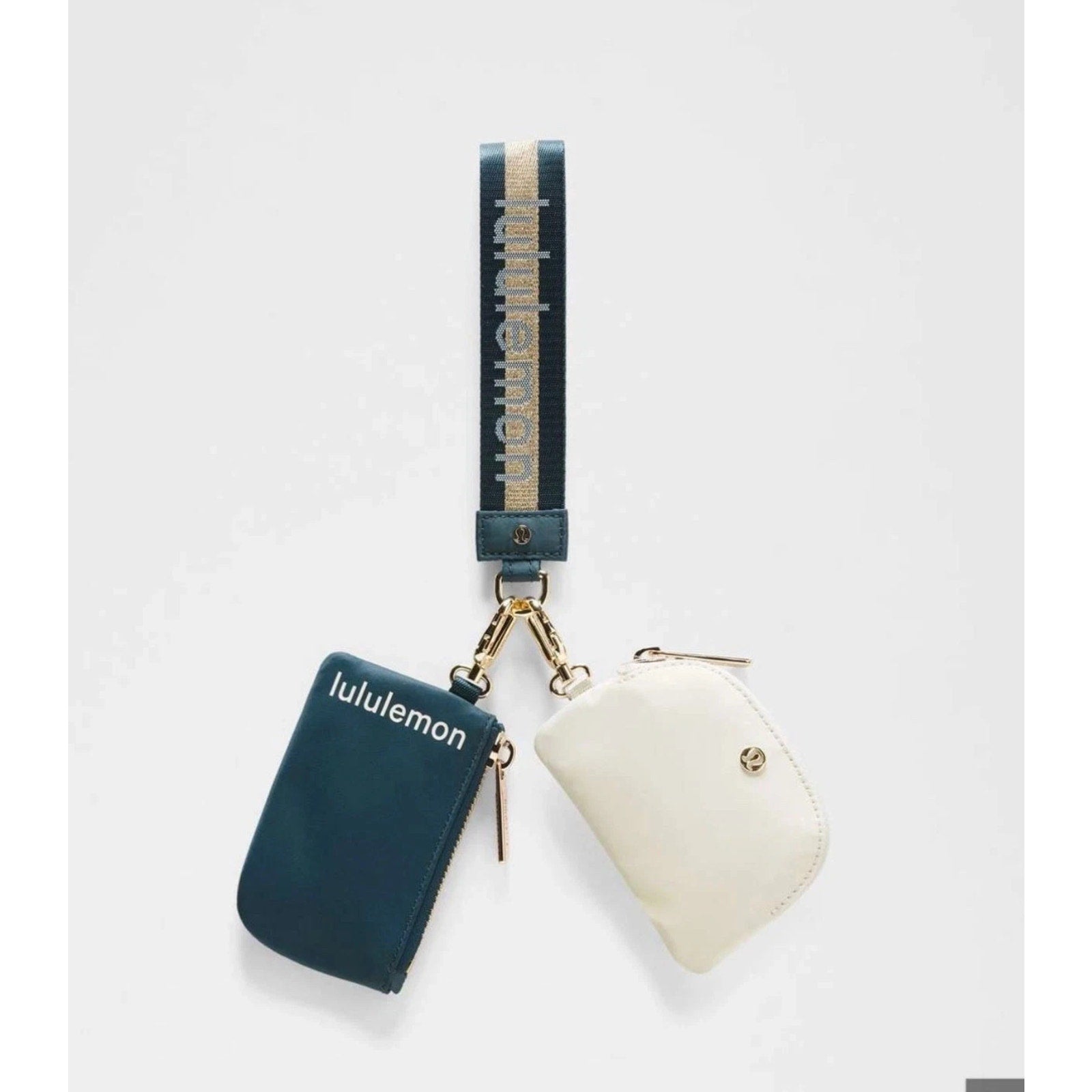 NWT Lululemon Dual Pouch Wristlet Wallet Keychain Wordmark Warp Teal, Gold, Bone