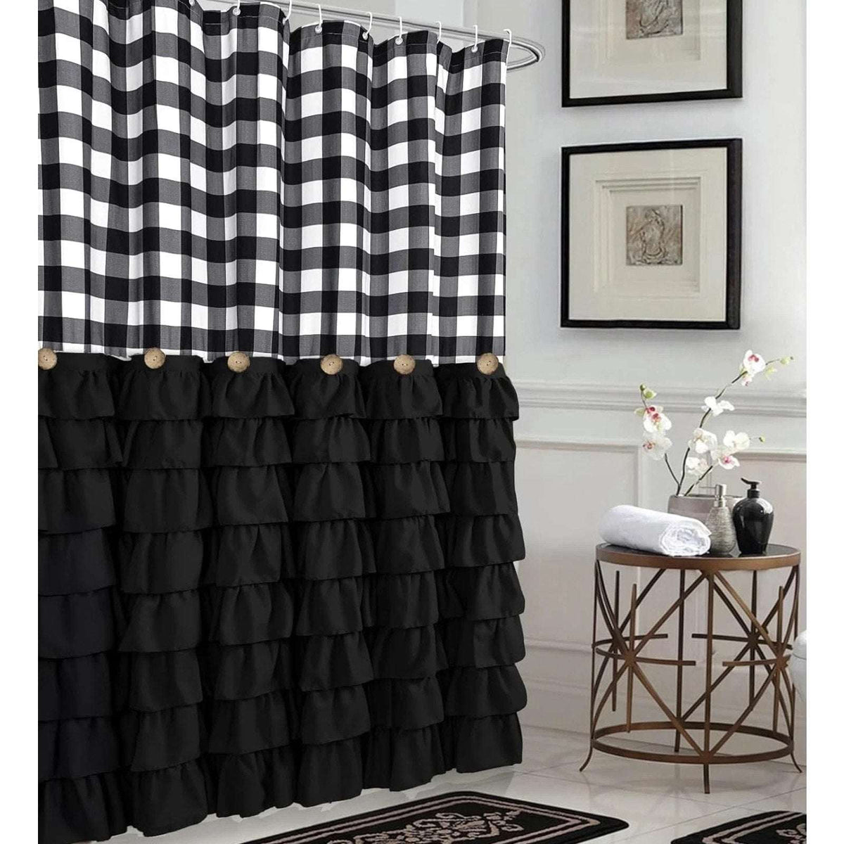 Black White Buffalo Plaid Ruffle Farmhouse Shower Curtain Set 72X72 w/ 12 Hooks