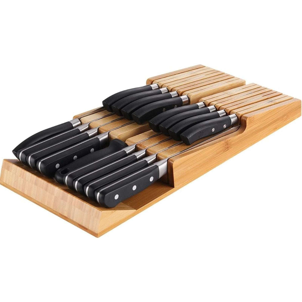 Bamboo In Drawer Knife Block for 16 Knives Large Tray Cutlery Organizer Washable