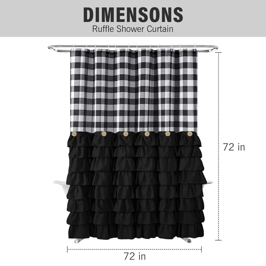 Black White Buffalo Plaid Ruffle Farmhouse Shower Curtain Set 72X72 w/ 12 Hooks