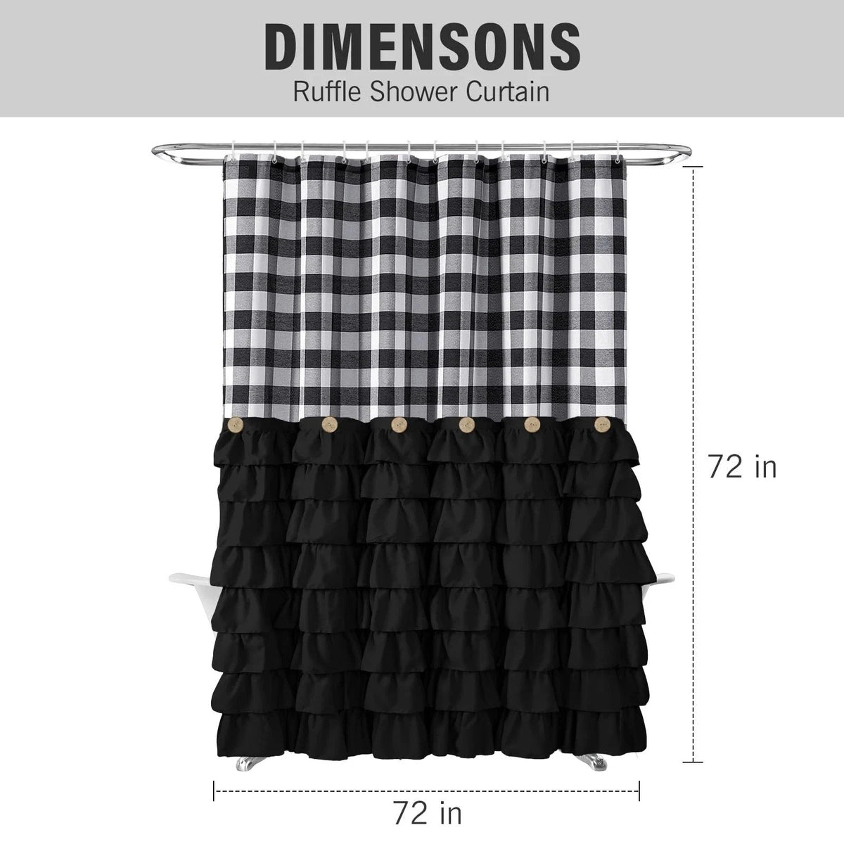 Black White Buffalo Plaid Ruffle Farmhouse Shower Curtain Set 72X72 w/ 12 Hooks
