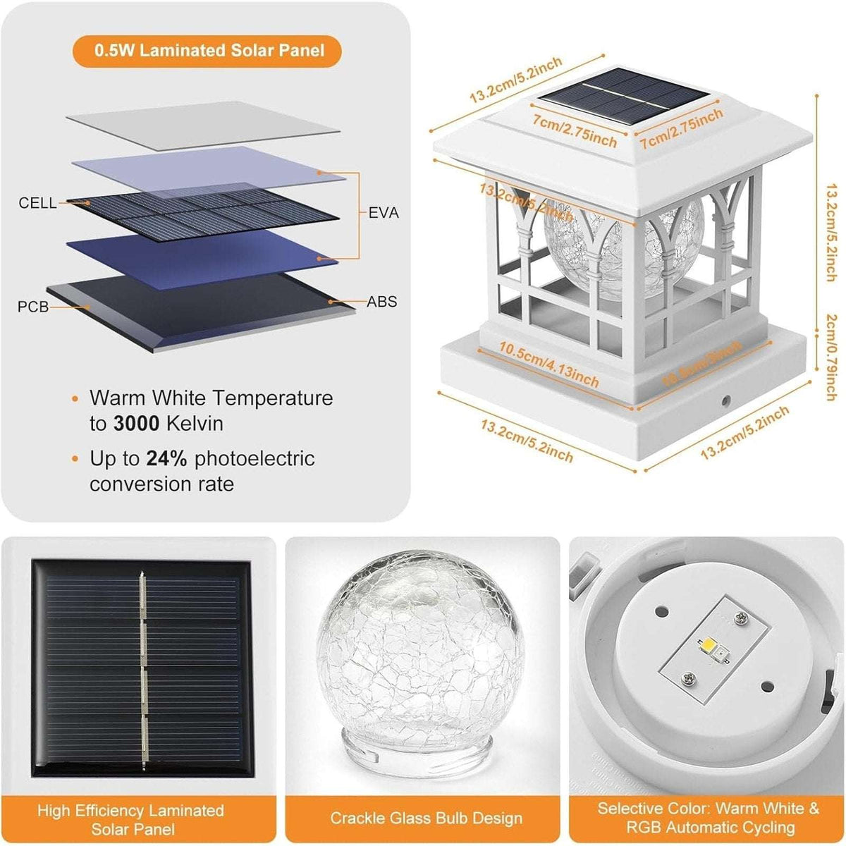 6-Pack RGB & Warm White LED Solar Powered Waterproof Fence Deck Post Cap Lights