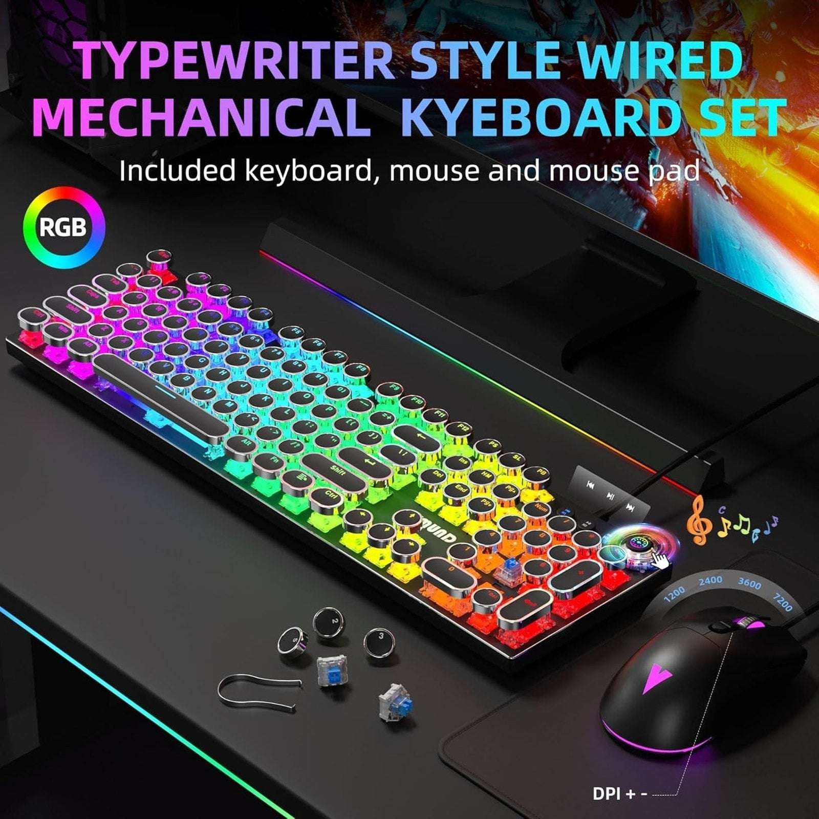 Retro Typewriter Mechanical Gaming Keyboard Mouse Set RGB Backlit 108 Keys Anti-