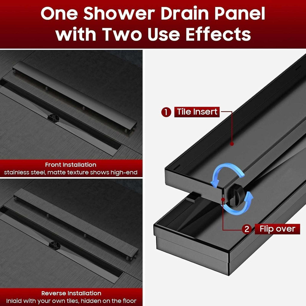 12" Linear Shower Drain Matte Black 304 SS Tile Insert Adjustable Feet Strainer