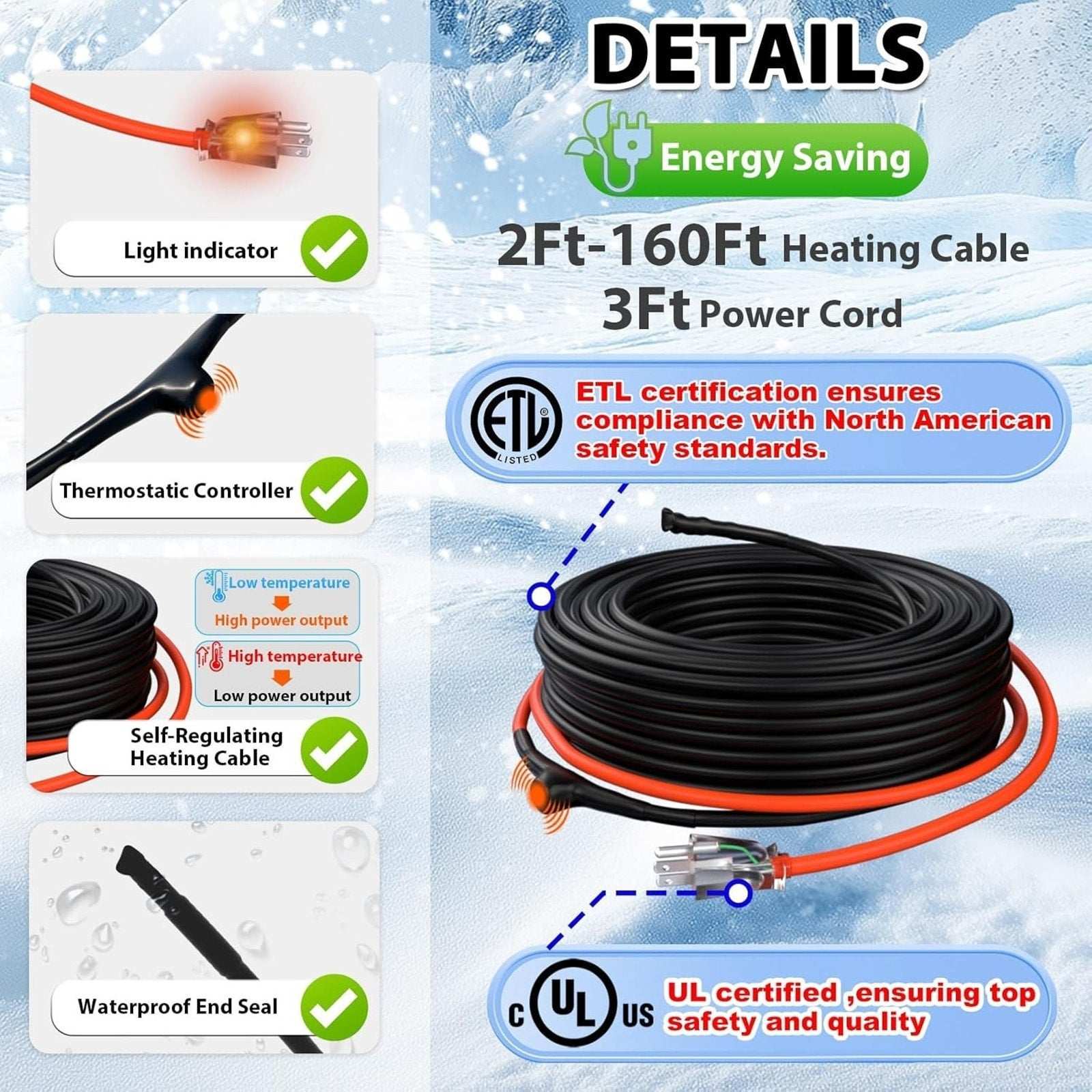Self Regulating Pipe Heating Cable 100' 120V 3W/Ft Overheat & Freeze Protection