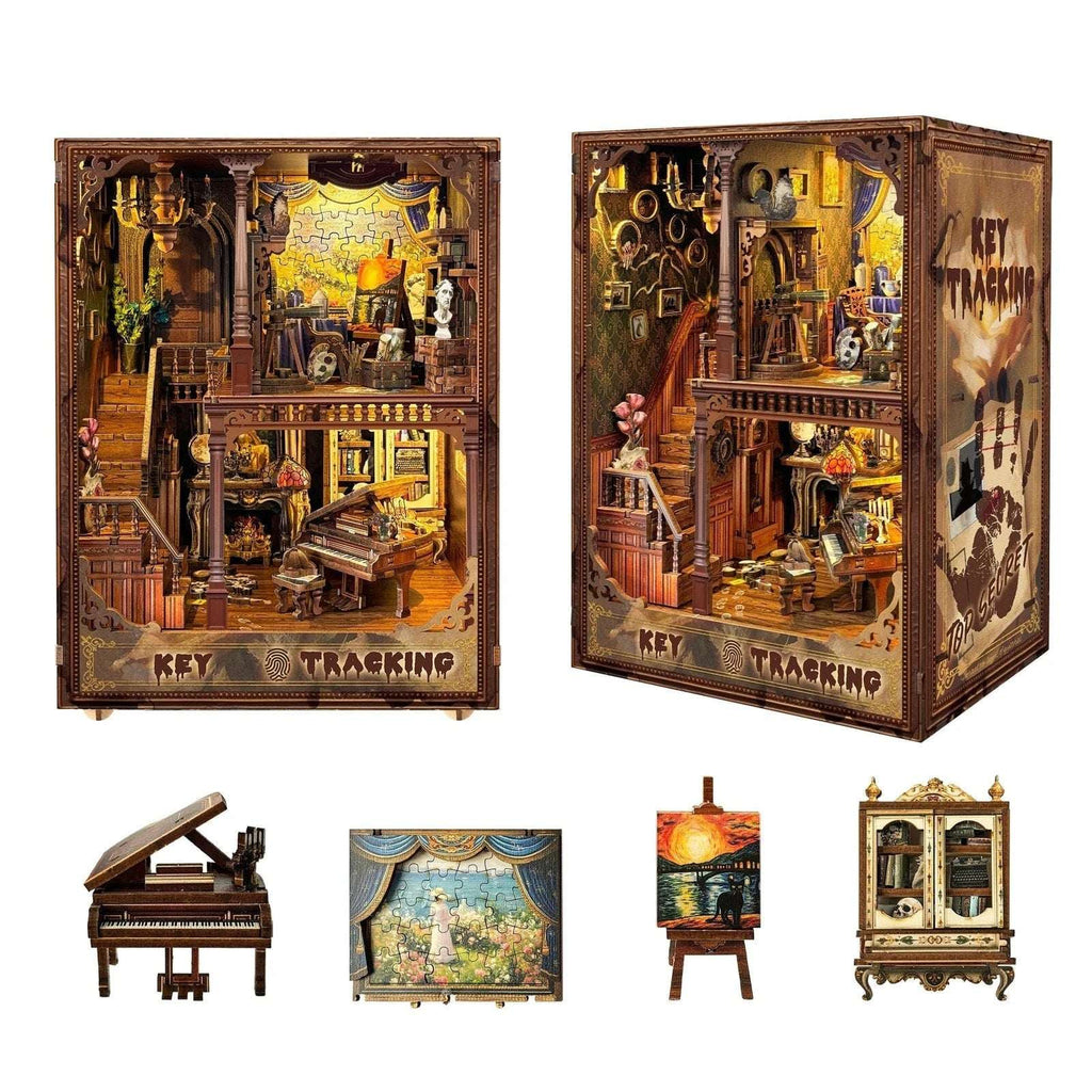 DIY Miniature Book Nook Key Tracking Escape Room Kit - 3D Puzzle with LED Lights
