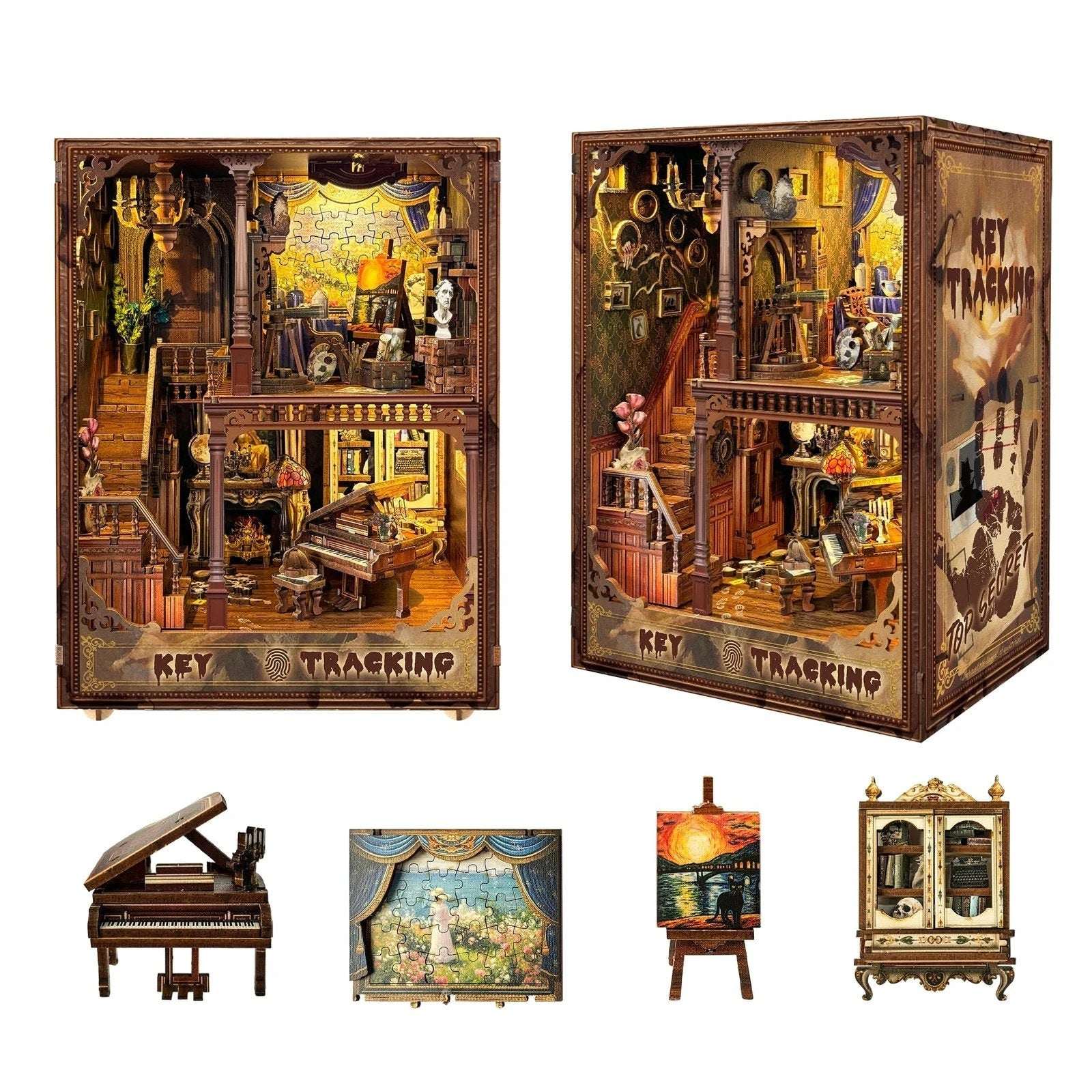 DIY Miniature Book Nook Key Tracking Escape Room Kit - 3D Puzzle with LED Lights