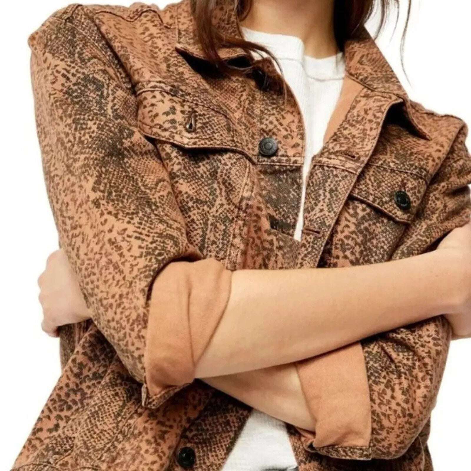 Free People Trucker Brown Snake Print Denim Jacket Size M Medium