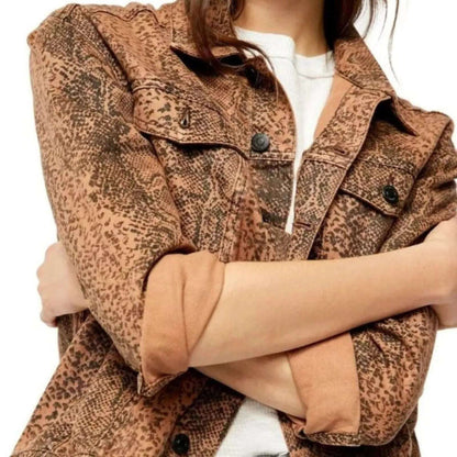 Free People Trucker Brown Snake Print Denim Jacket Size M Medium