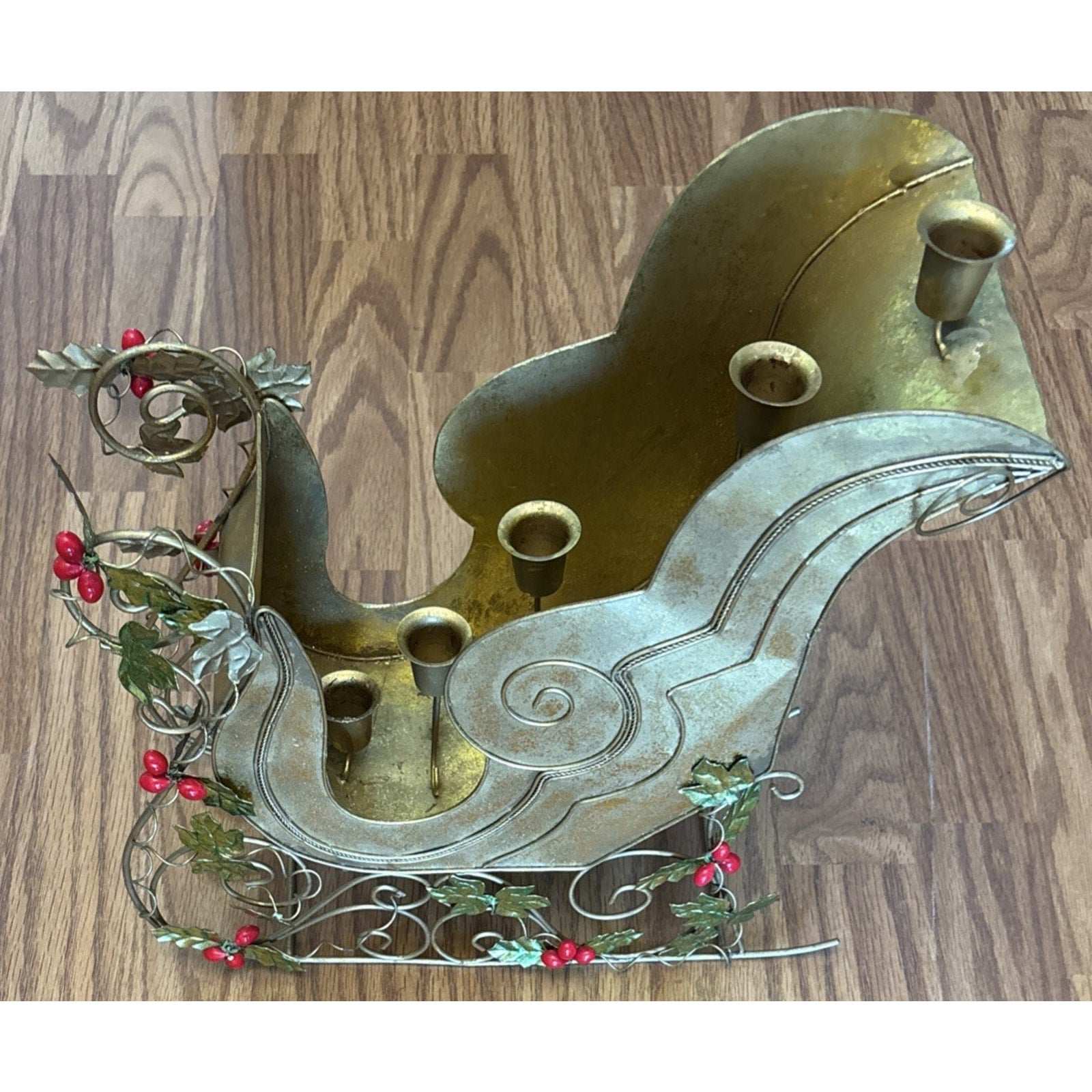 Vtg Metal Gold Sleigh Christmas Decoration Centerpiece 5 Taper Candle Holder