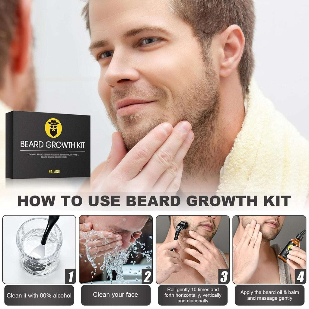 Naland Beard Growth Kit - Growth Oil (2oz), Beard Balm, Beard Comb & Massager