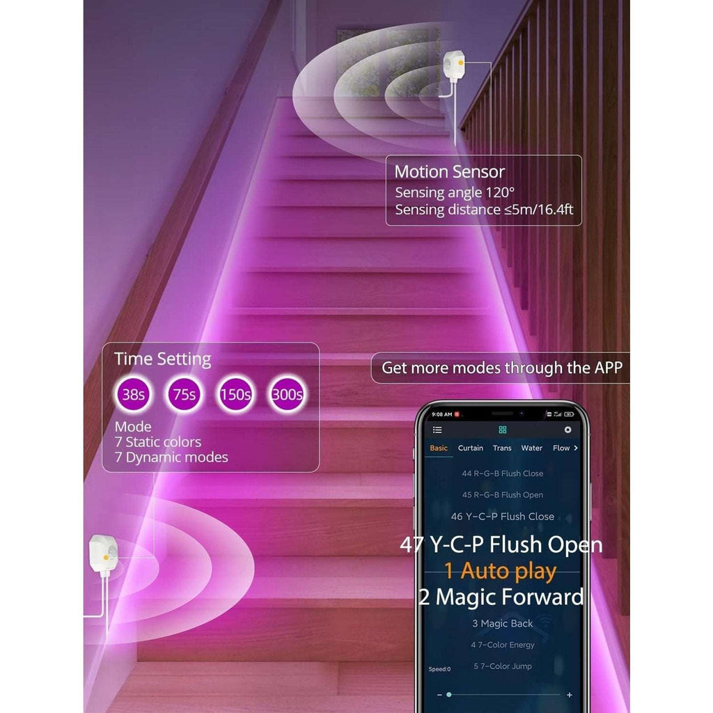 Motion Sensor LED Light Strip 16.4Ft Warm White 3000K & Multi-Colored USB Power