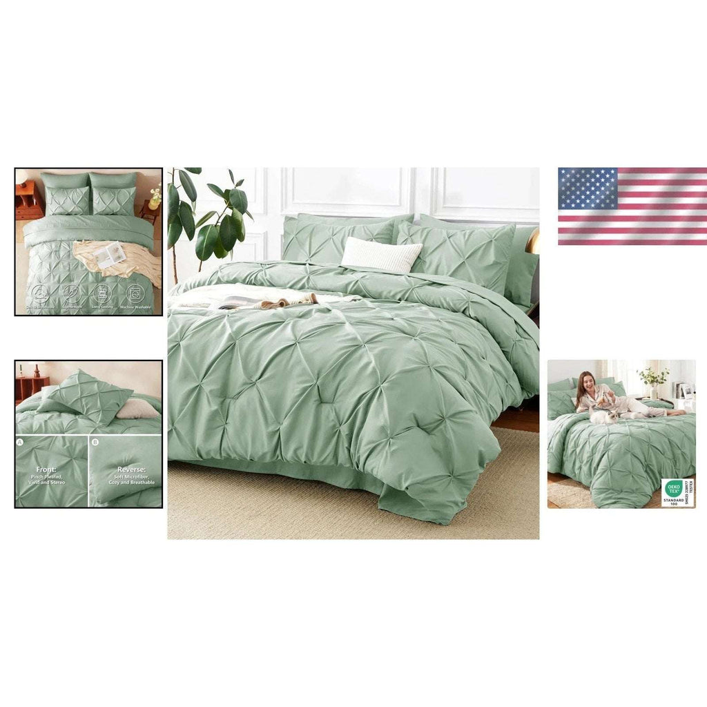 CozyLux 7-Piece King Size Pintuck Comforter & Sheet Set Sage Green Bed in a Bag