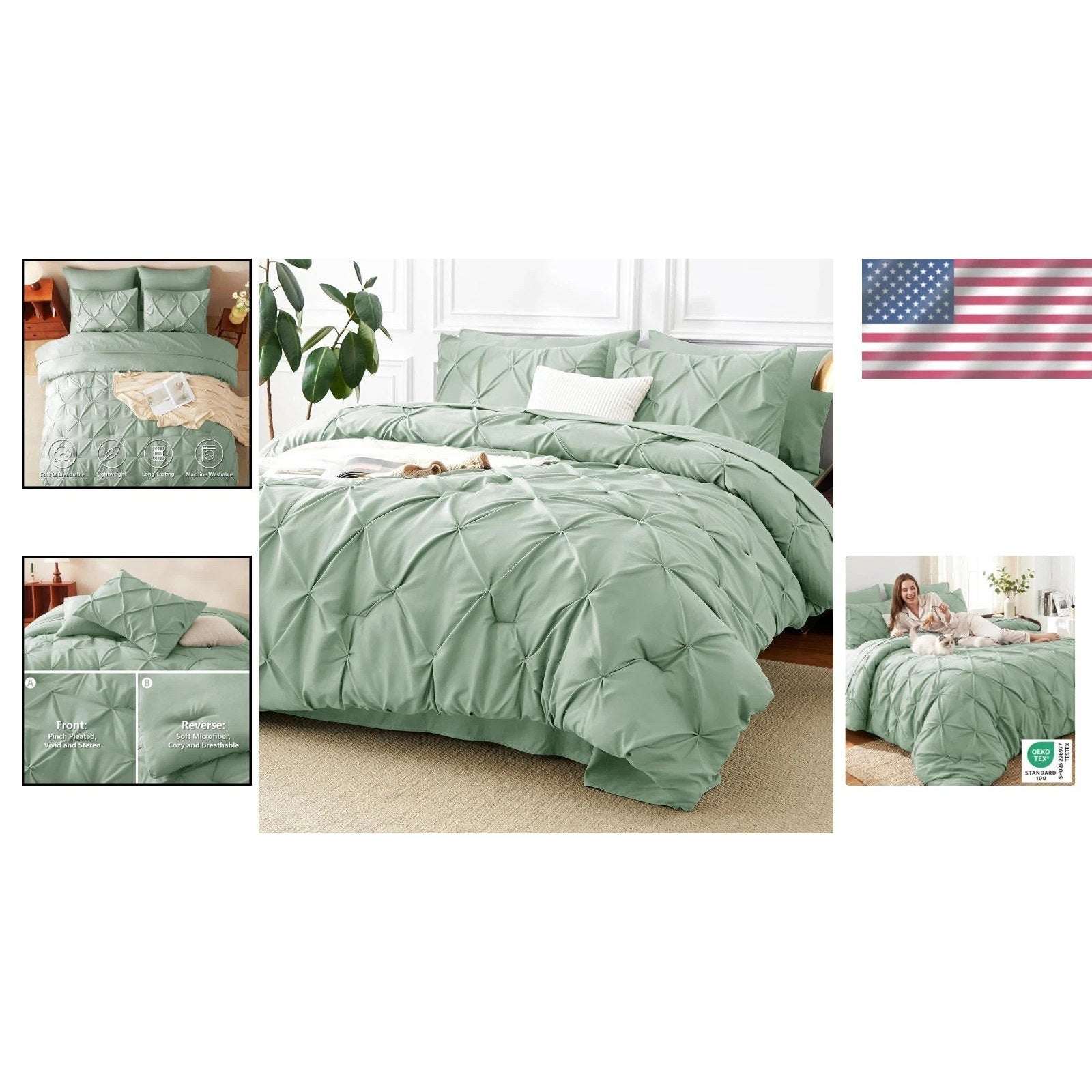 CozyLux 7-Piece King Size Pintuck Comforter & Sheet Set Sage Green Bed in a Bag