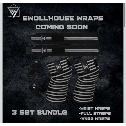 SWOLLHOUSE Knee Wraps + Wrist Wraps + Weight Lifting Straps Bundle (1 Pair Each)