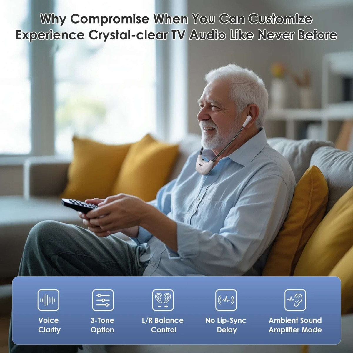 SIMOLIO 2.4GHz Wireless TV Headset for Hearing Impaired SM-823D PRO For Any TV