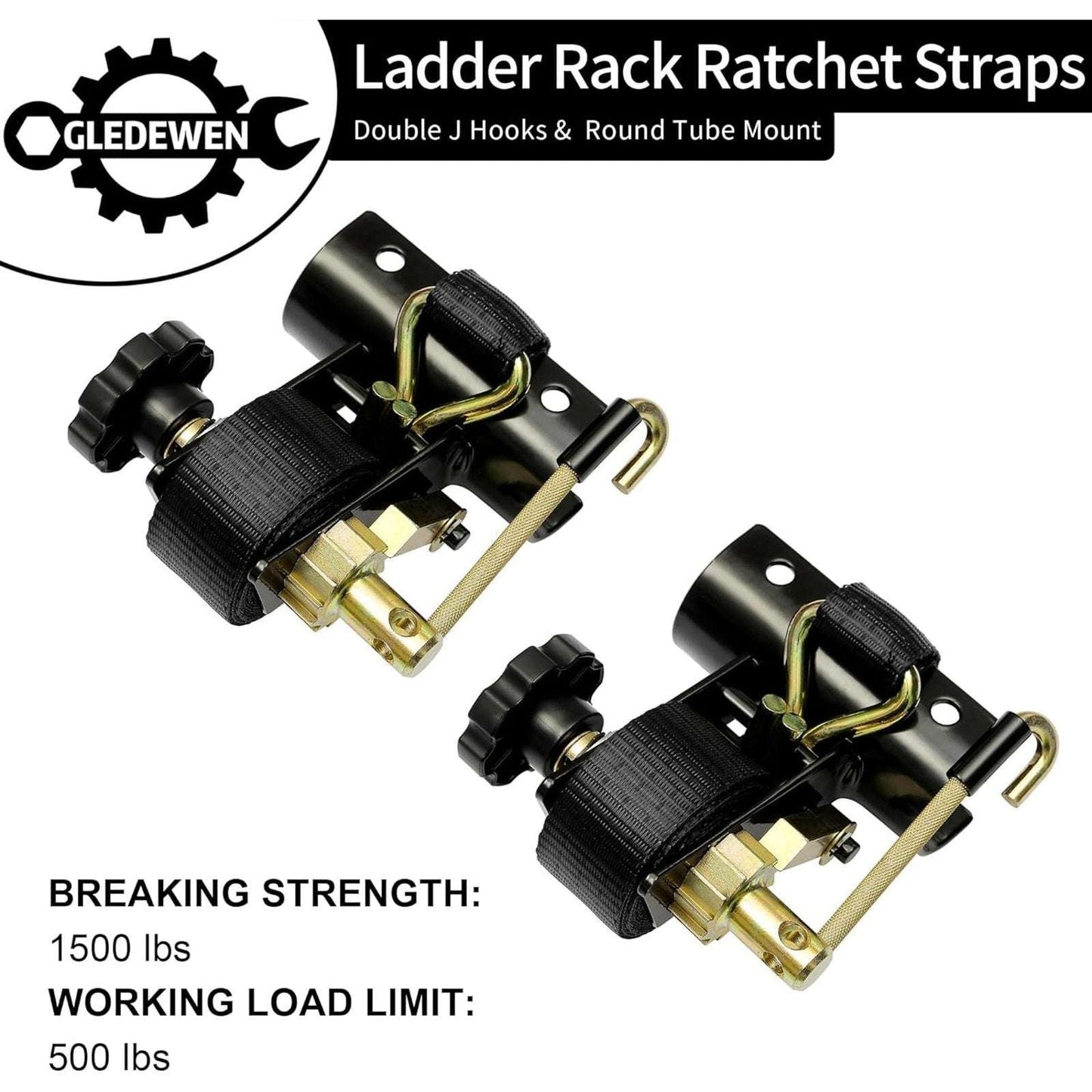 Ladder Rack Ratchet Straps w/ Double J-Hook 1.5" x 7.5' For 2" Round Tube Mount