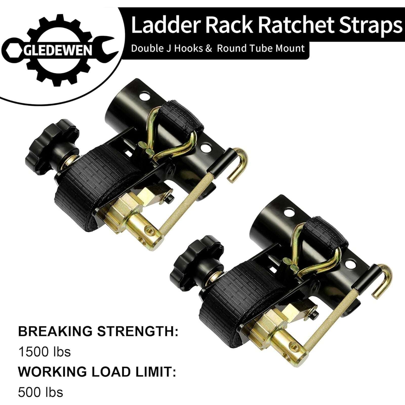 Ladder Rack Ratchet Straps w/ Double J-Hook 1.5" x 7.5' For 2" Round Tube Mount
