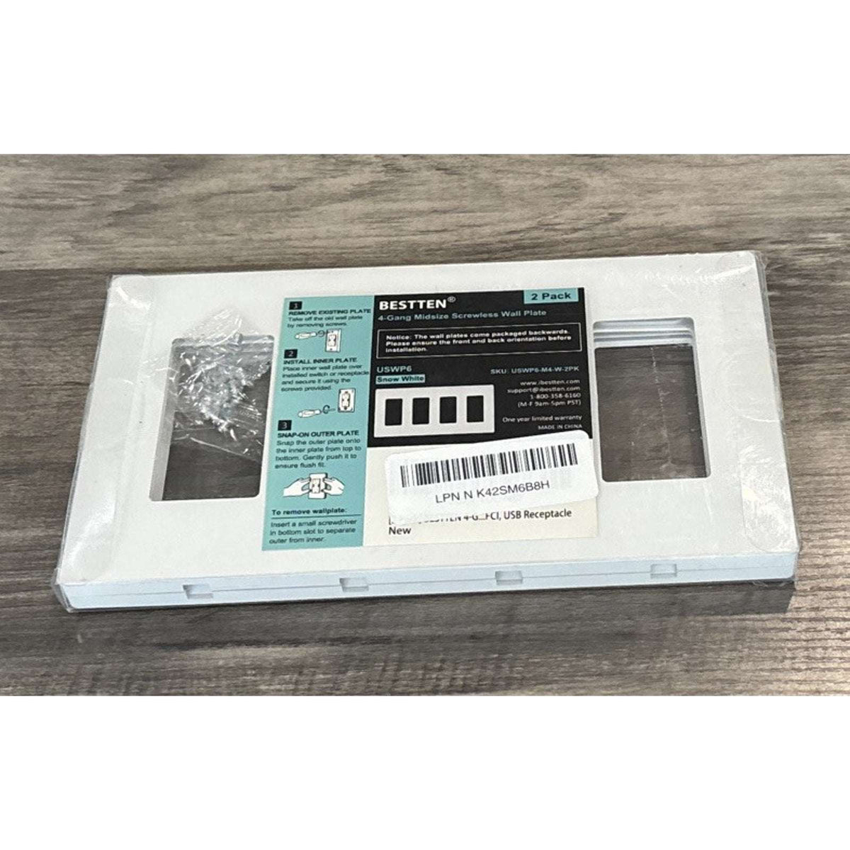 BESTTEN 2 Pack 4 Gang Midsize Screwless Decorator Wall Plate USWP6-M4-W-2PK