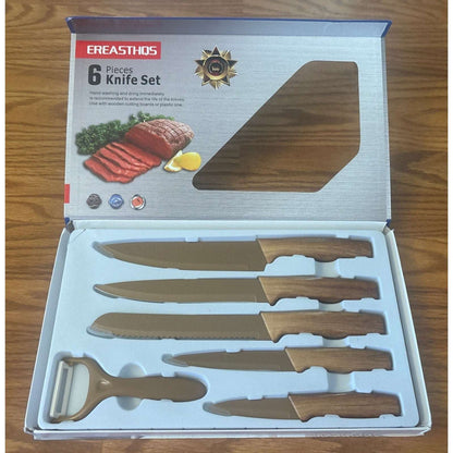 6Pc Culinary Knife Set Gold Straight Non Stick & Anti-Slip Soft Grip Wood Handle