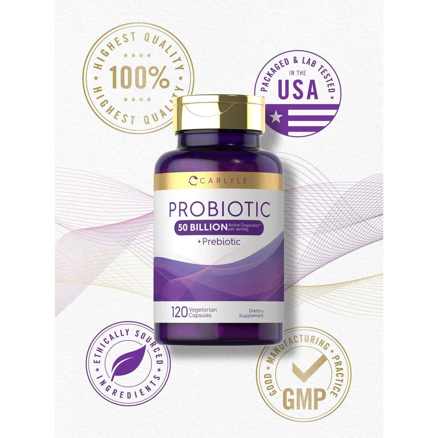 Probiotics 50 Billion CFUs 120 Capsules with Prebiotics by Carlyle EXP 02/2028