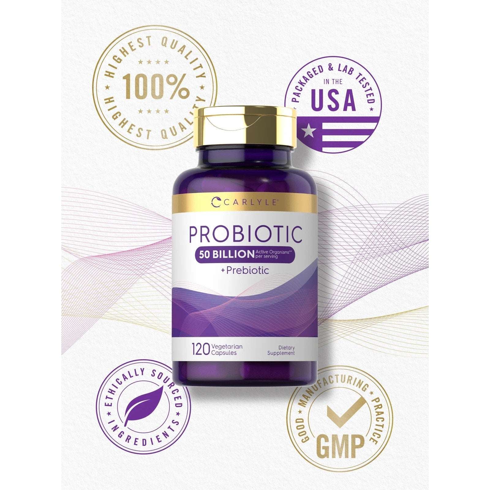 Probiotics 50 Billion CFUs 120 Capsules with Prebiotics by Carlyle EXP 02/2028
