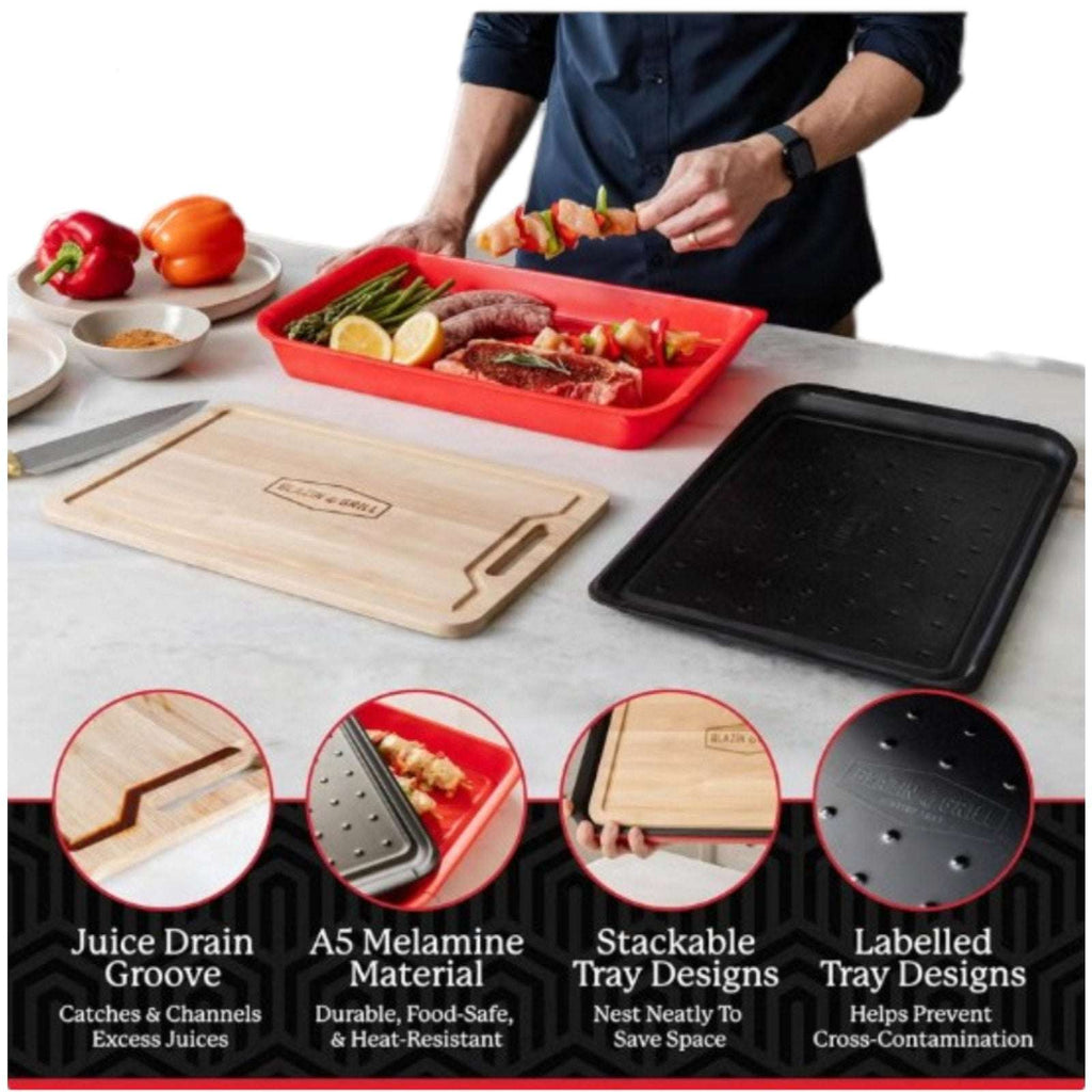Melamine Grill Prep Serving Trays w/ Cutting Board 3PC Stackable BBQ Set