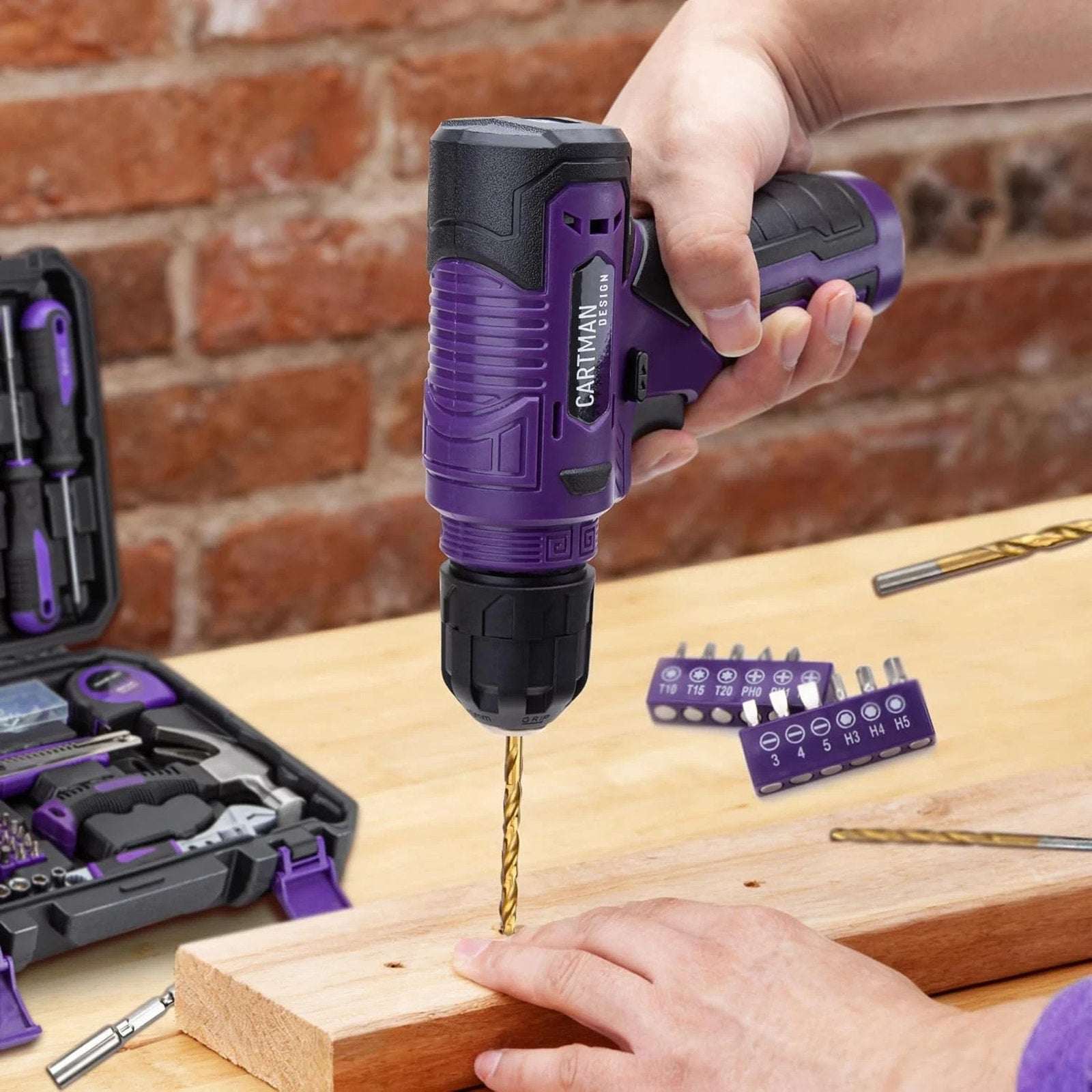 CARTMAN 150 Piece Tool Set, Home Tool Kit w/ 8V Purple Cordless Drill Set & Case