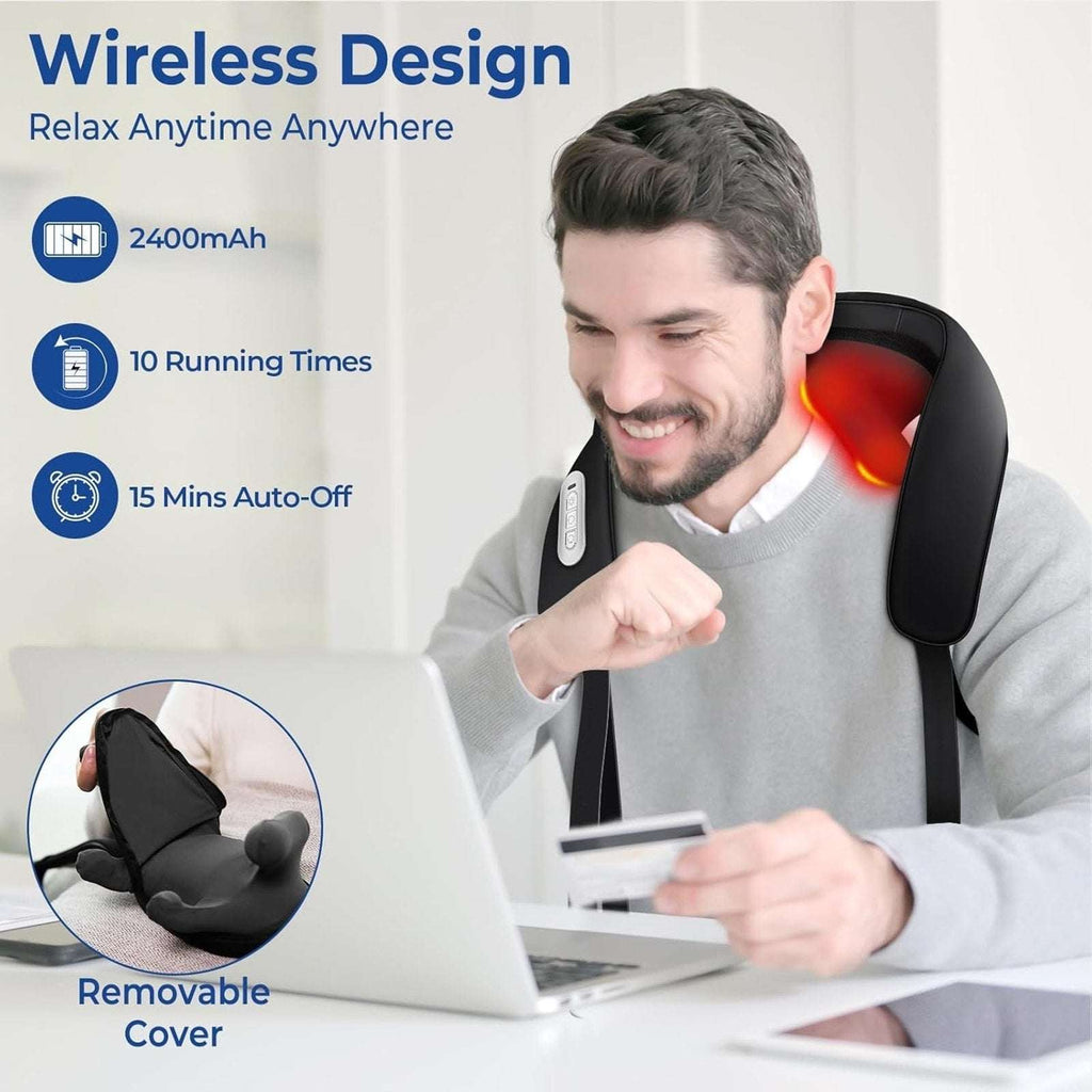 Neck Shoulder Massager Cordless 6D Kneading Shiatsu Deep Tissue Back 5 Heat Zone