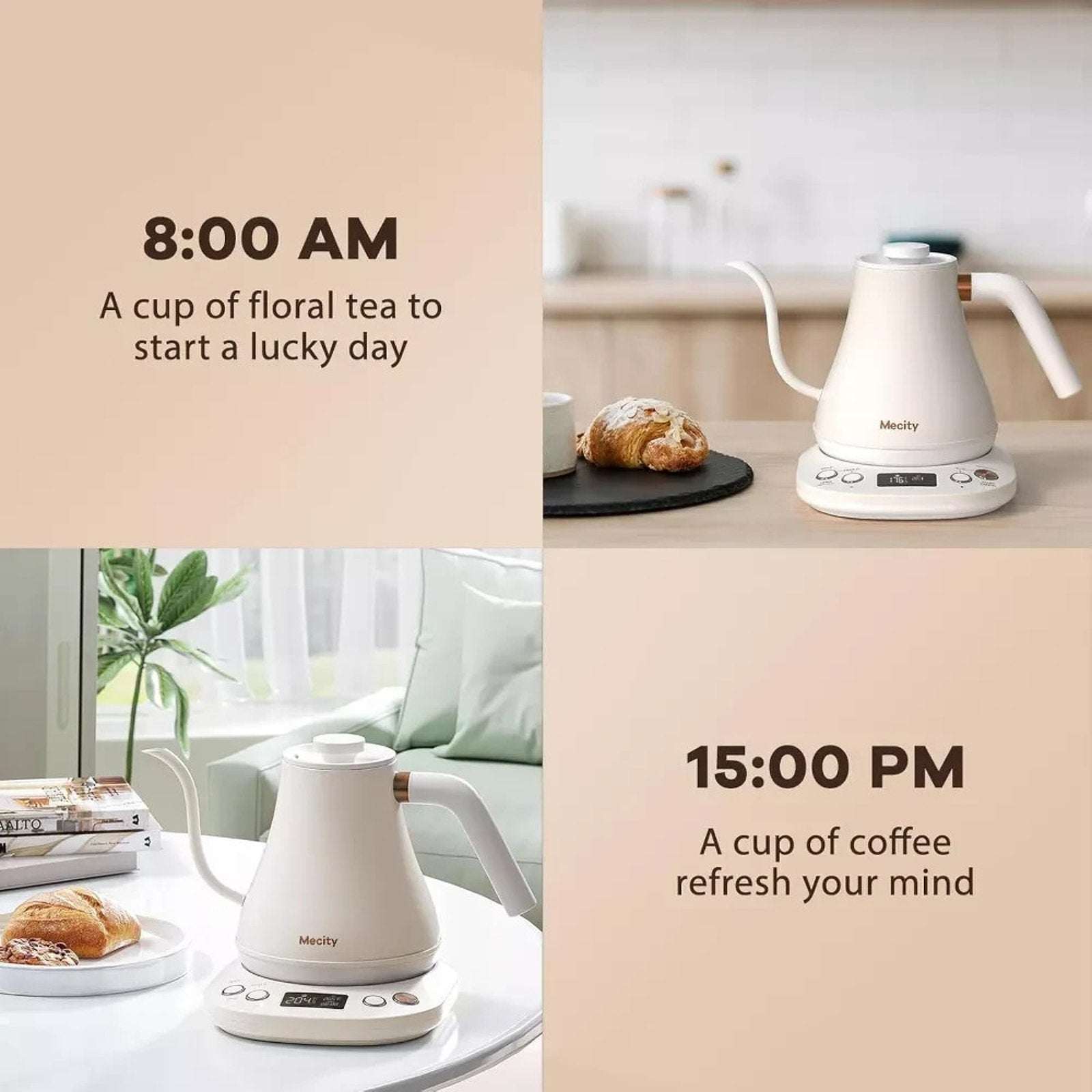 MECITY Electric Stainless Gooseneck Kettle 1200W, Precision Temp Control, White
