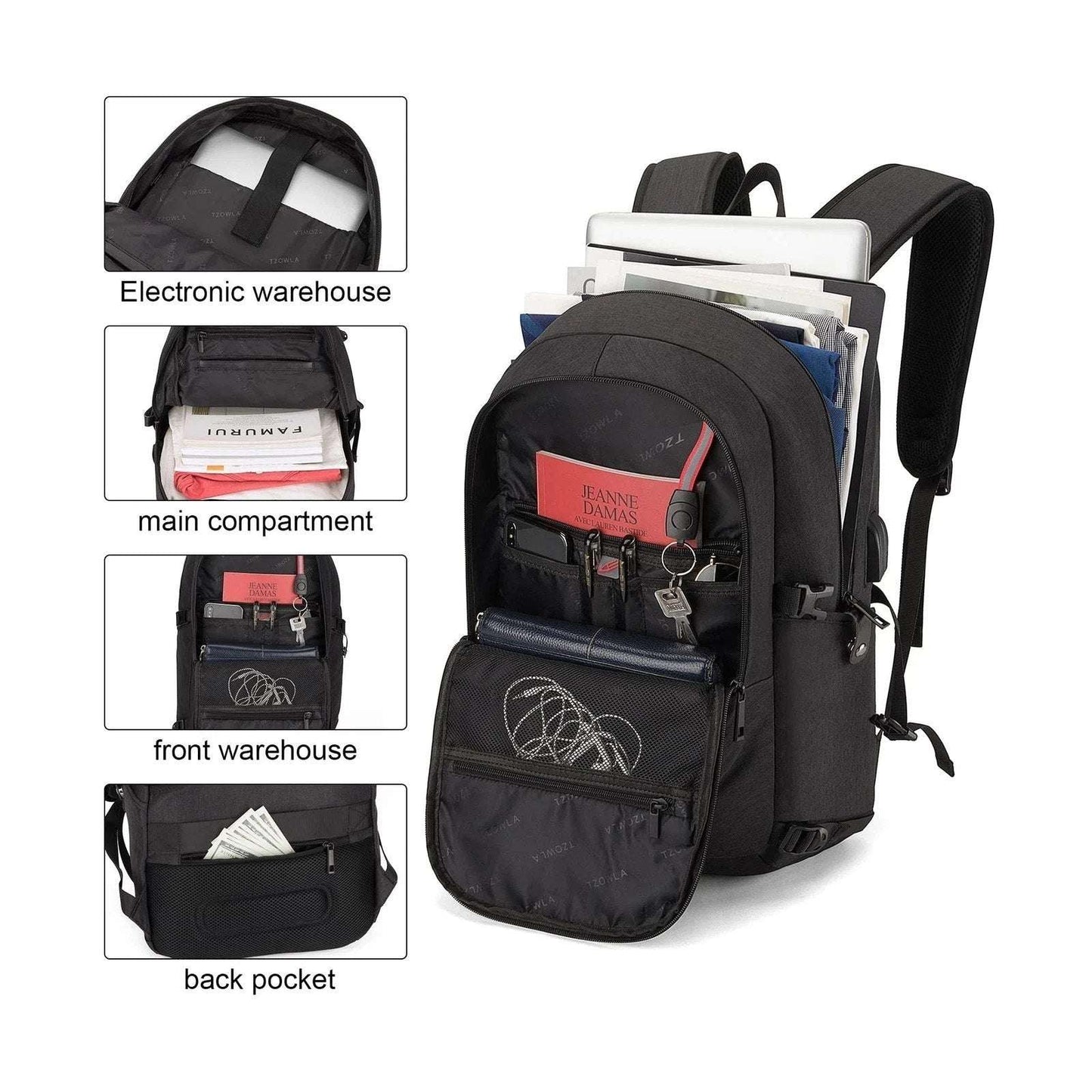 Tzowla Travel Laptop Backpack Water Resistant Anti-Theft Bag w USB Charging Port