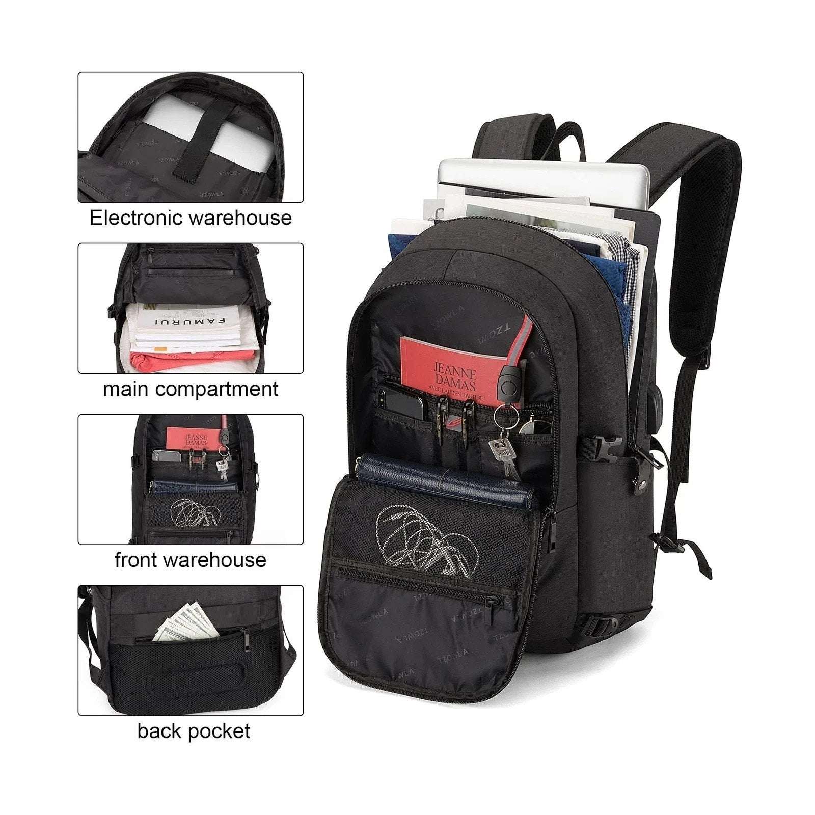 Tzowla Travel Laptop Backpack Water Resistant Anti-Theft Bag w USB Charging Port