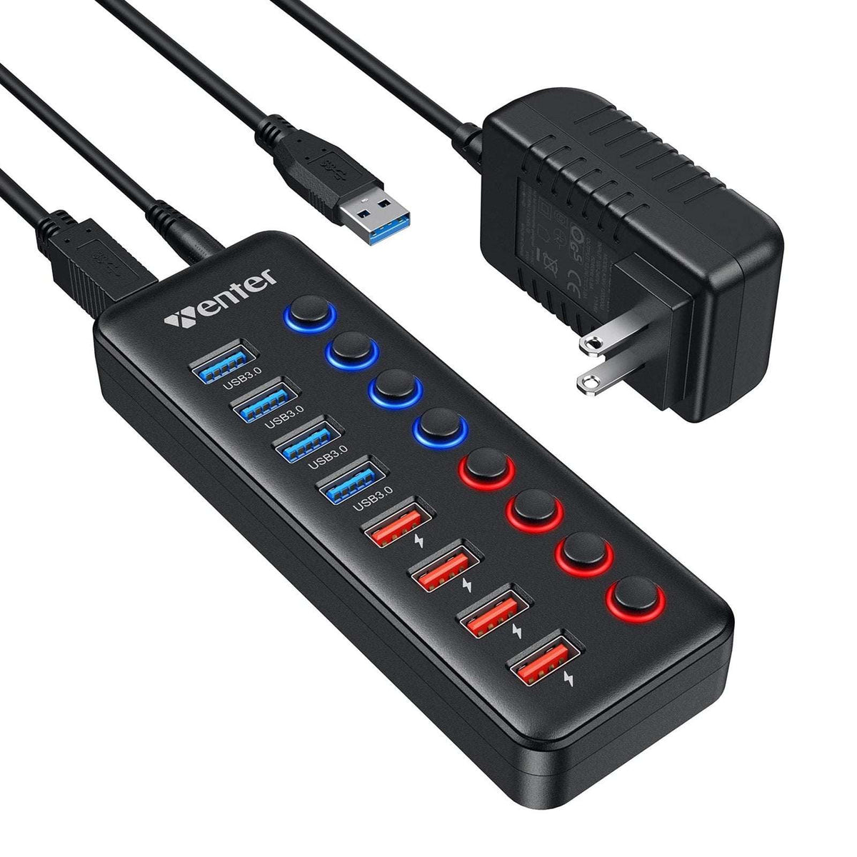 8-Port USB Hub Splitter 4 USB 3.0 Data Ports 4 Smart Charging Ports Ind Switches