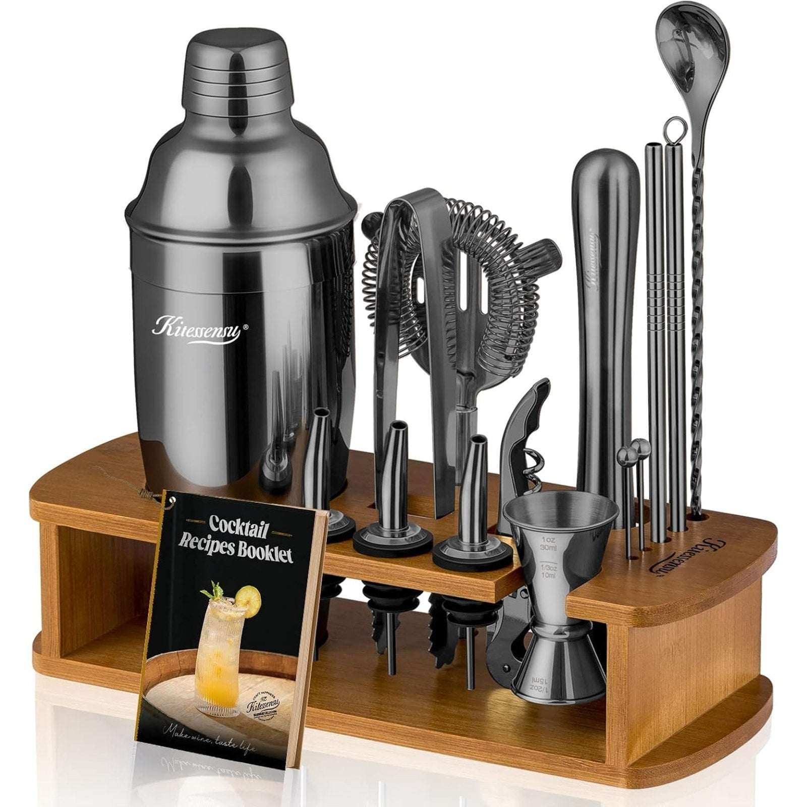 Black Stainless Steel Cocktail Shaker Set Home Bar Bartender Kit w/ Bamboo Stand
