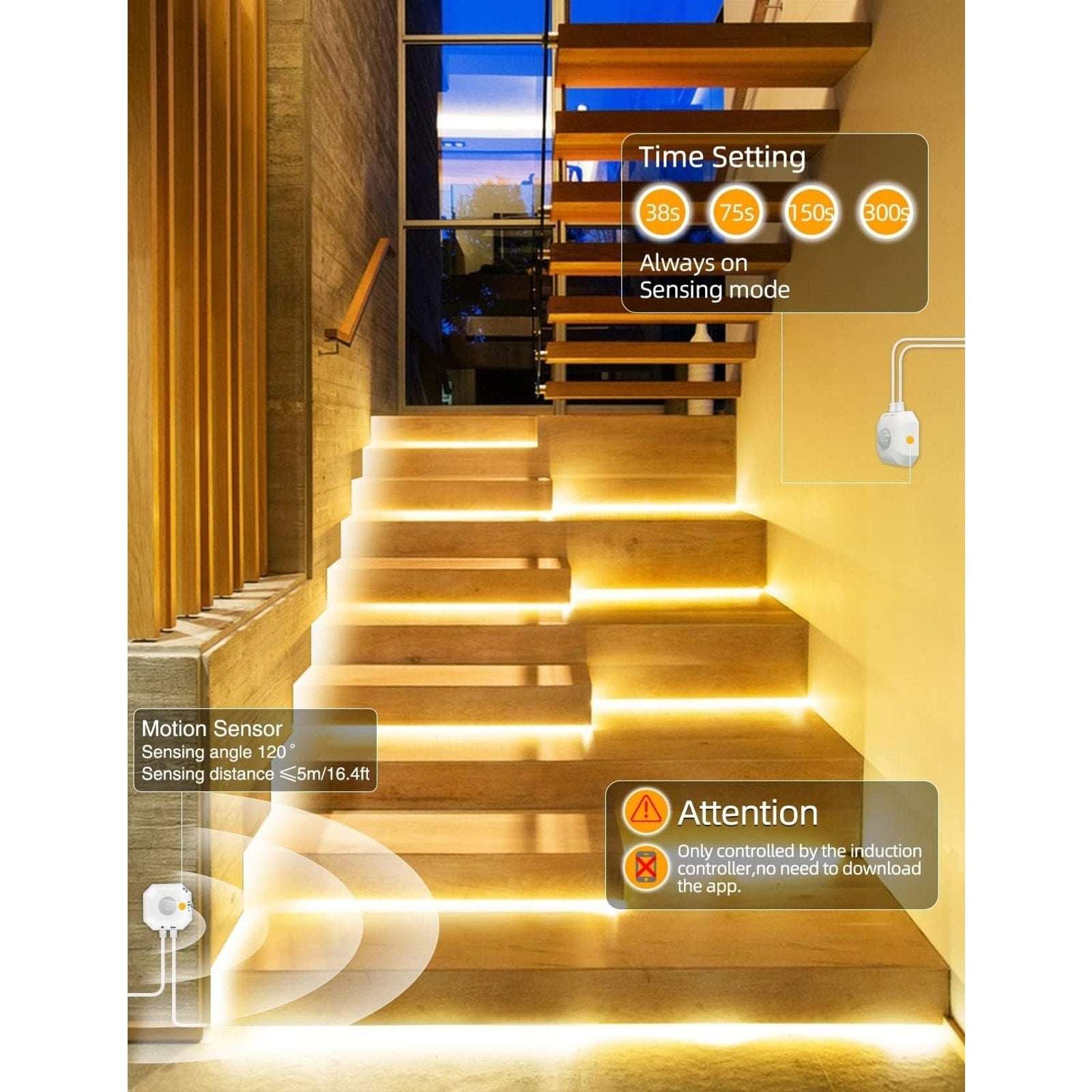 Motion Sensor LED Light Strip 16.4Ft Warm White 3000K & Multi-Colored USB Power