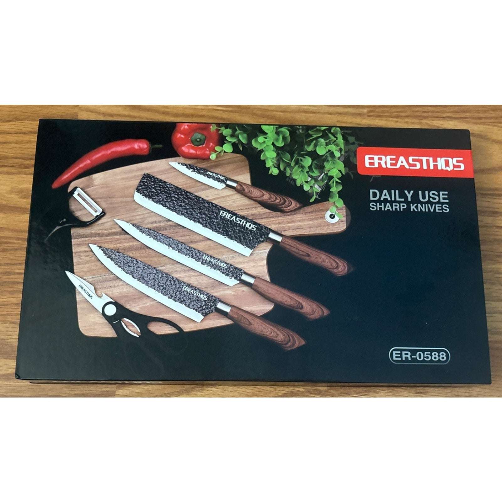 6PC Knife Set Embossed Non-Stick Blade w Wood Grain Handle Cleaver Chef Carving+