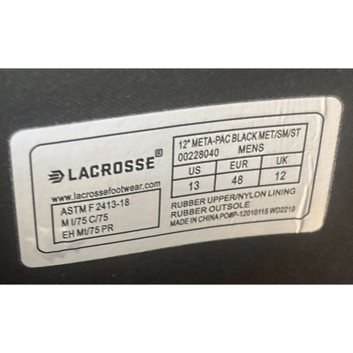 LACROSSE Meta Pac 12" Metatarsal Guard Steel Toe Rubber Work Boots Men's 13 US